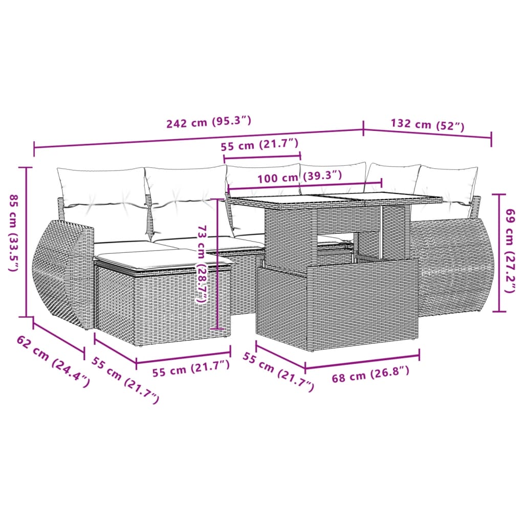 7-delige Loungeset met kussens poly rattan lichtgrijs