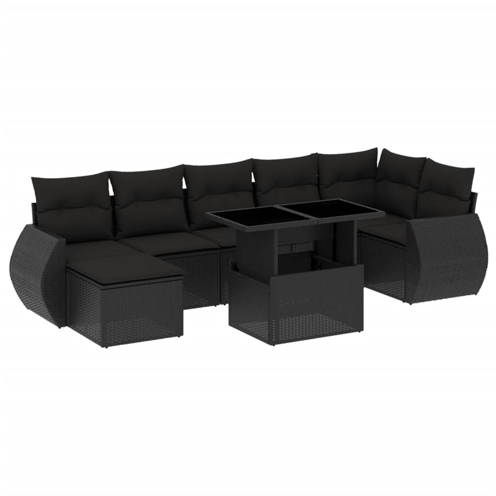 8-delige Loungeset met kussens poly rattan zwart