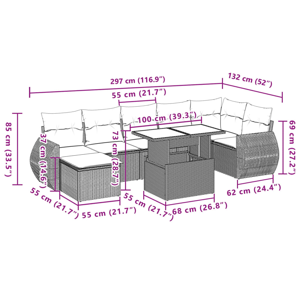 8-delige Loungeset met kussens poly rattan zwart