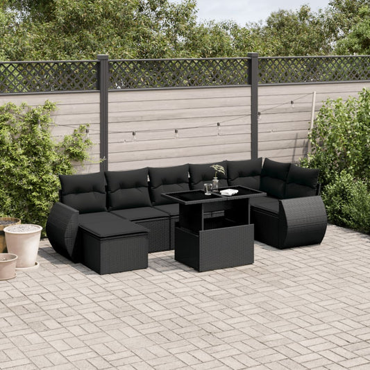 8-delige Loungeset met kussens poly rattan zwart