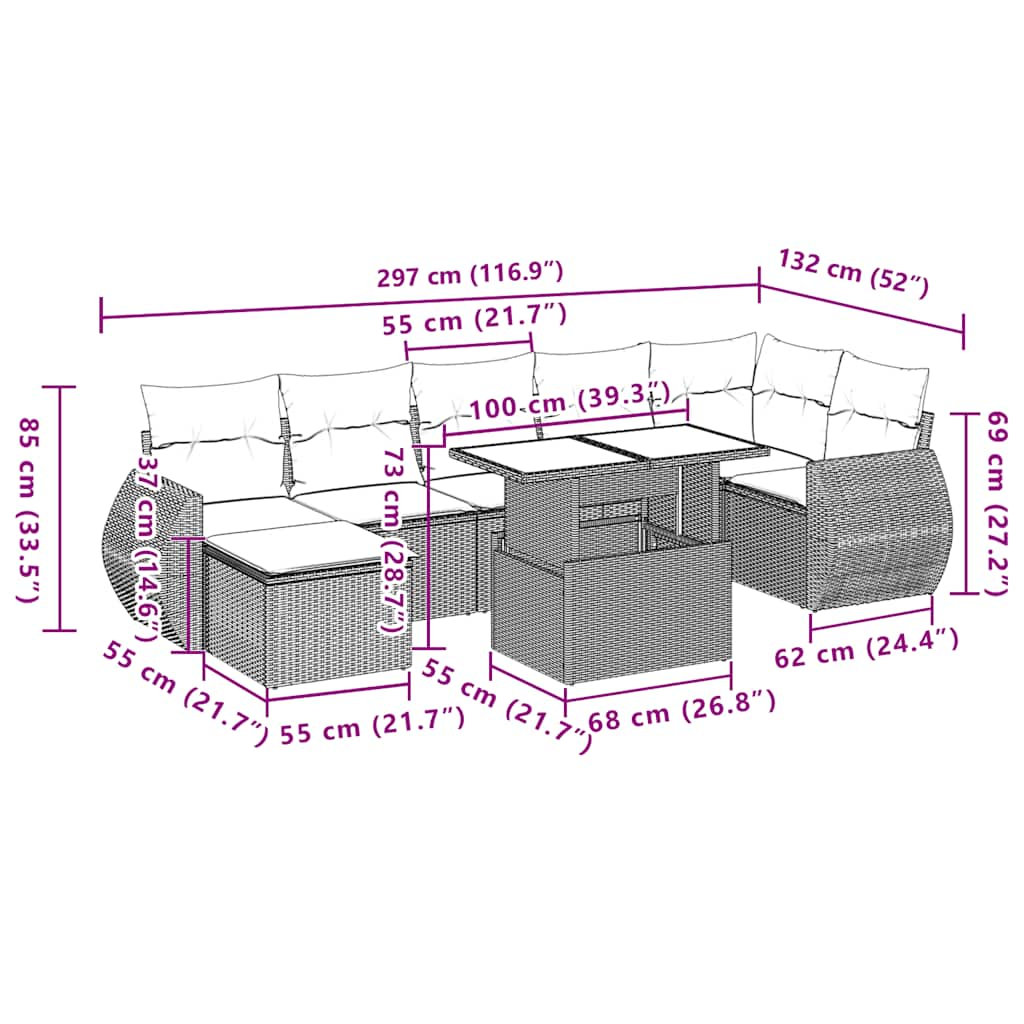 8-delige Loungeset met kussens poly rattan bruin