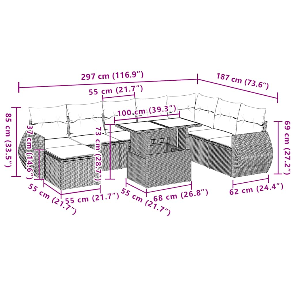 9-delige Loungeset met kussens poly rattan bruin