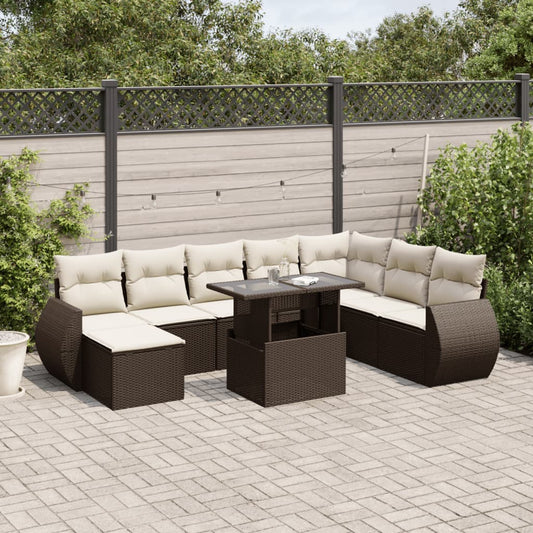 9-delige Loungeset met kussens poly rattan bruin