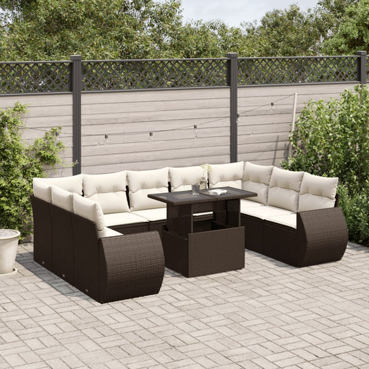 10-delige Loungeset met kussens poly rattan bruin