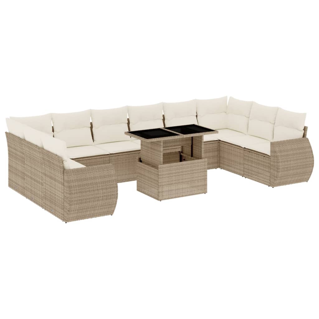 11-delige Tuinset met kussens poly rattan beige