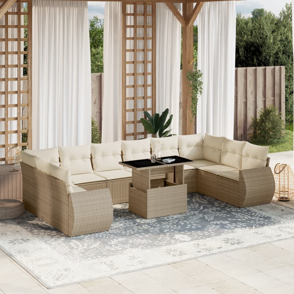 11-delige Tuinset met kussens poly rattan beige