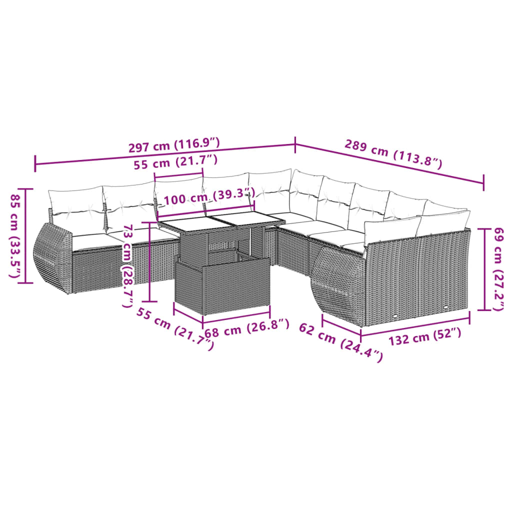 11-delige Loungeset met kussens poly rattan bruin