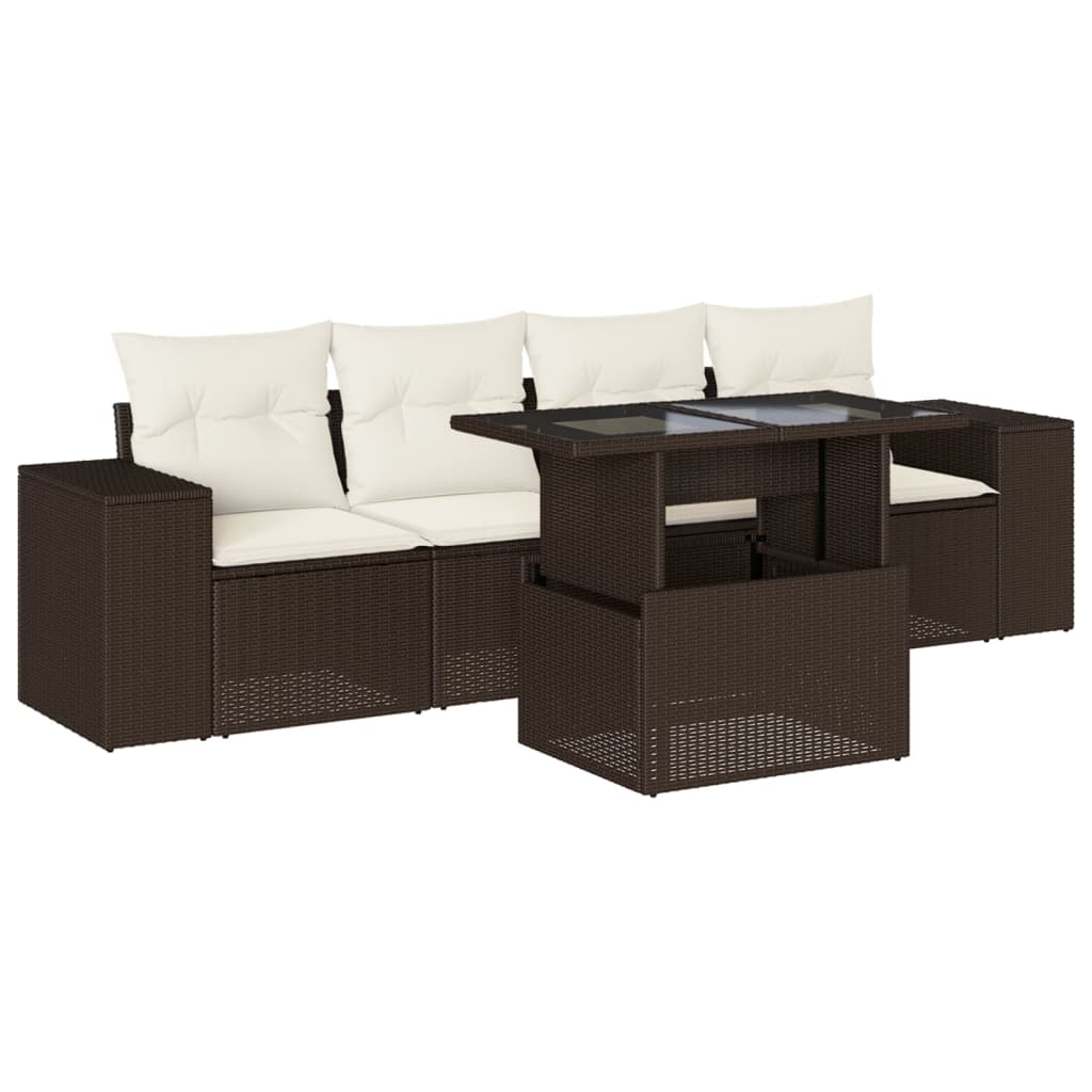 5-delige Loungeset met kussens poly rattan bruin