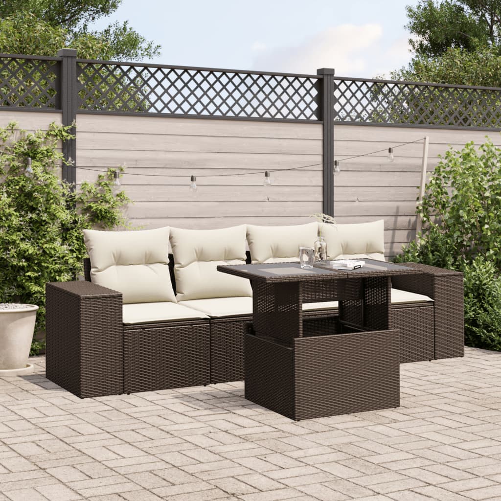 5-delige Loungeset met kussens poly rattan bruin