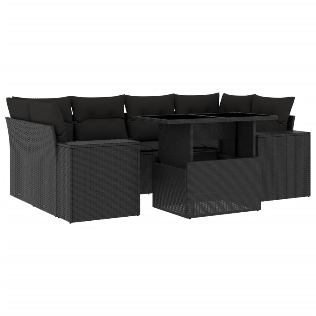 7-delige Loungeset met kussens poly rattan zwart