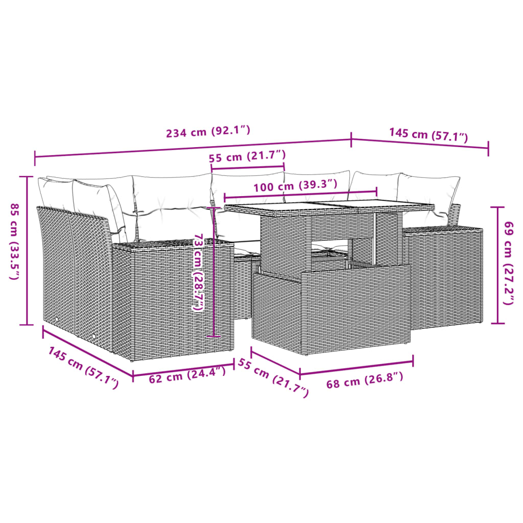 7-delige Loungeset met kussens poly rattan zwart