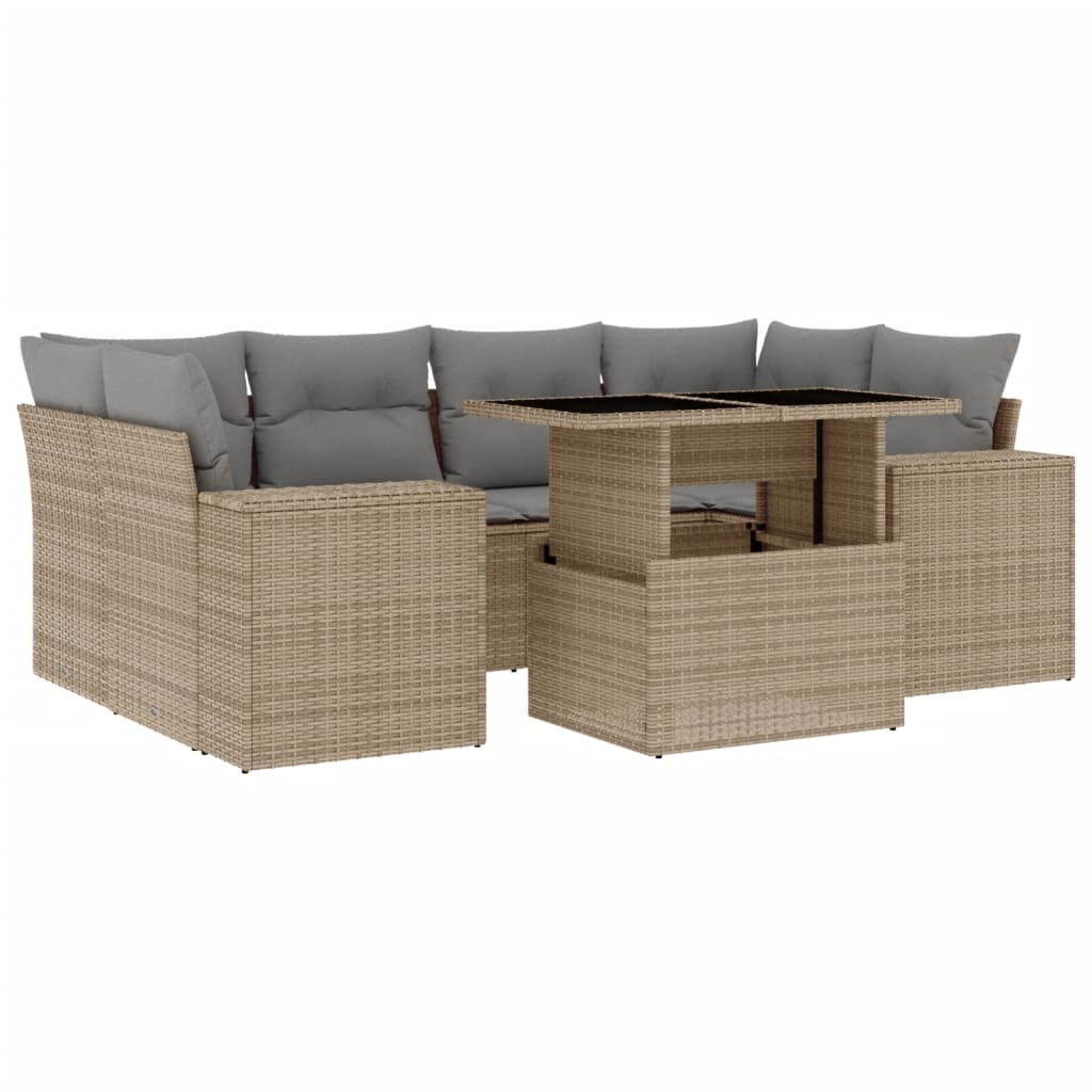 7-delige Loungeset met kussens poly rattan beige