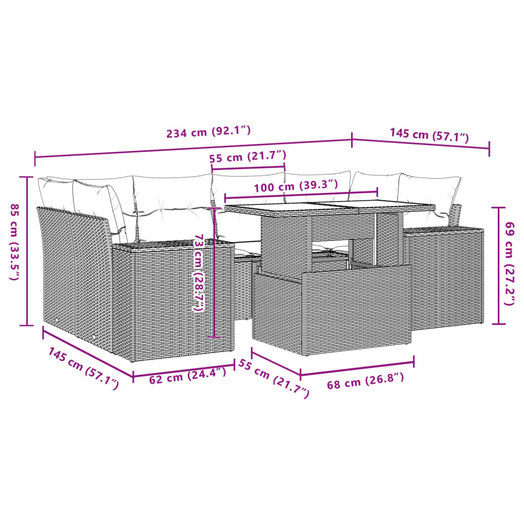 7-delige Loungeset met kussens poly rattan beige