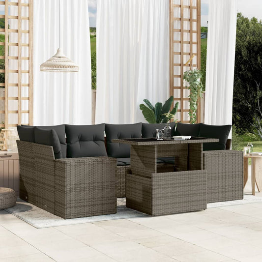 7-delige Loungeset met kussens poly rattan grijs