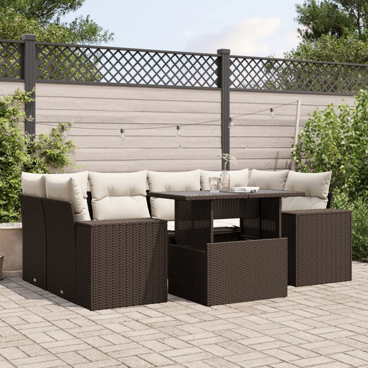 7-delige Loungeset met kussens poly rattan bruin