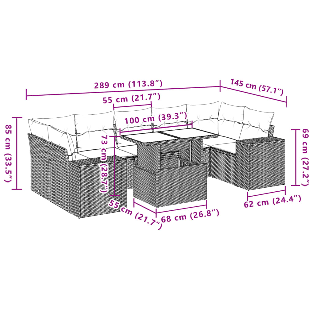 8-delige Loungeset met kussens poly rattan bruin