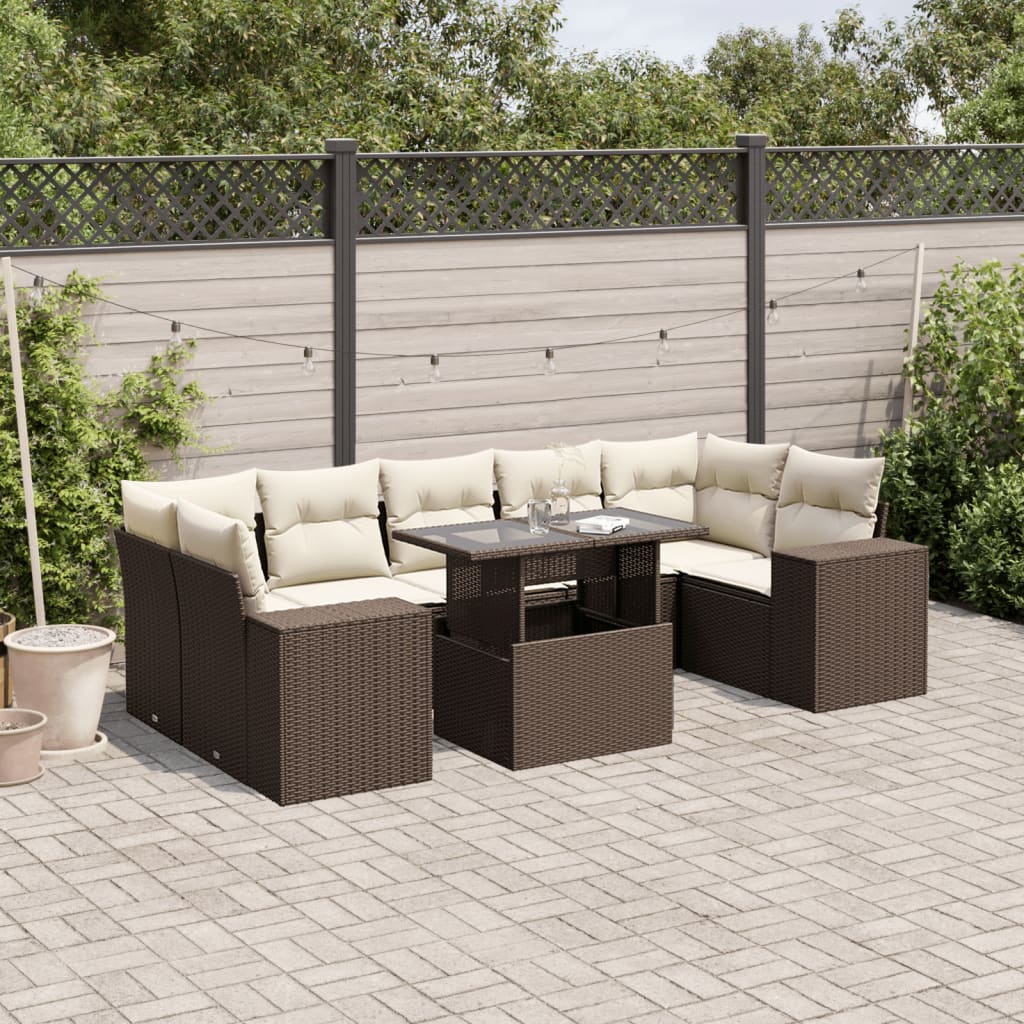 8-delige Loungeset met kussens poly rattan bruin