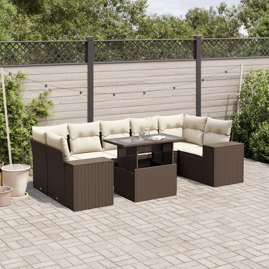 8-delige Loungeset met kussens poly rattan bruin