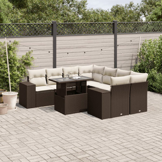 9-delige Loungeset met kussens poly rattan bruin