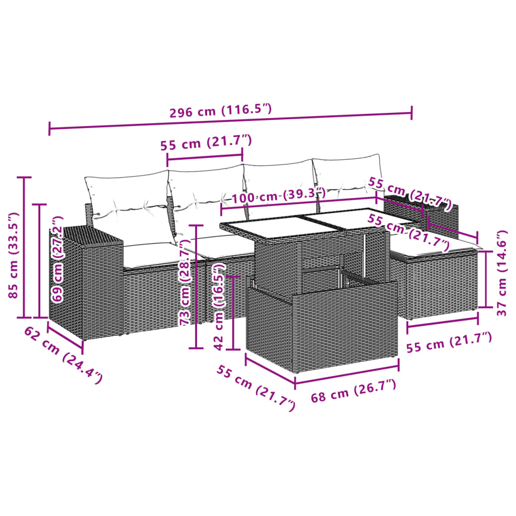 6-delige Loungeset met kussens poly rattan lichtgrijs