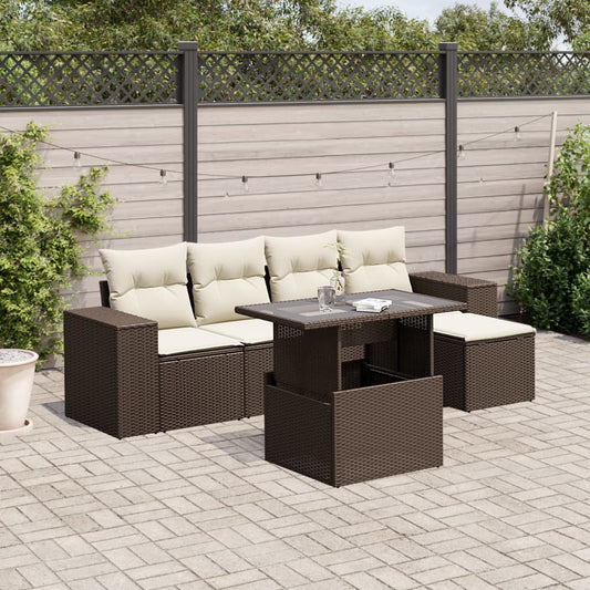 6-delige Loungeset met kussens poly rattan bruin