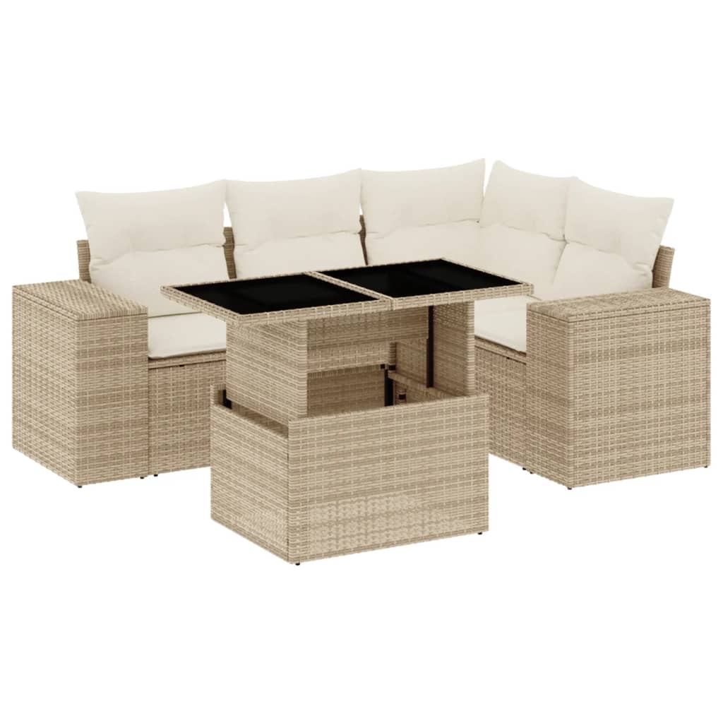 5-delige Loungeset met kussens poly rattan beige