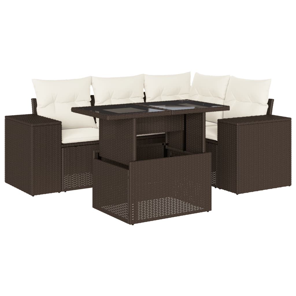 5-delige Loungeset met kussens poly rattan bruin