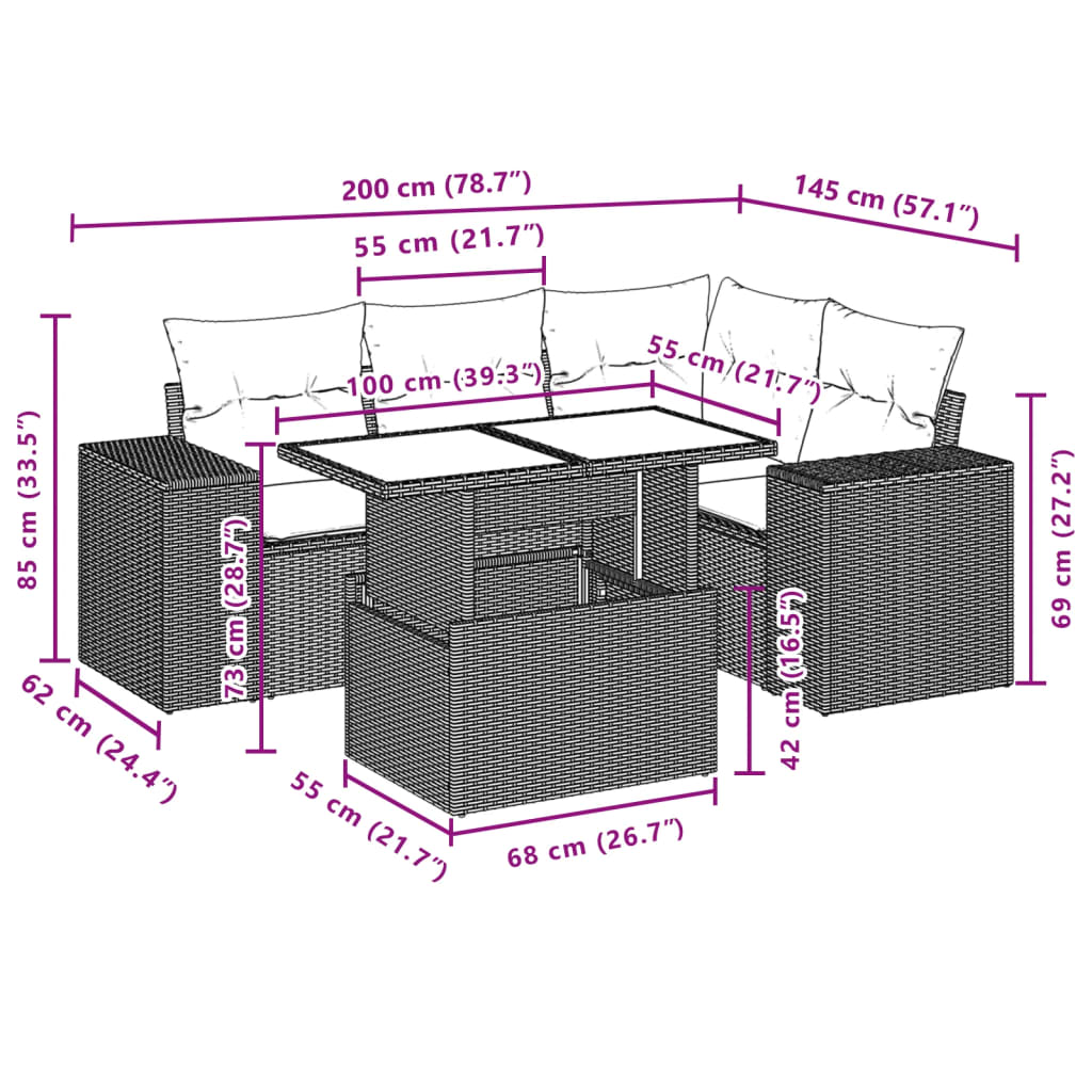 5-delige Loungeset met kussens poly rattan bruin