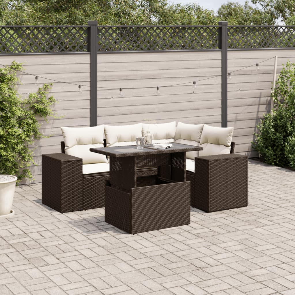 5-delige Loungeset met kussens poly rattan bruin