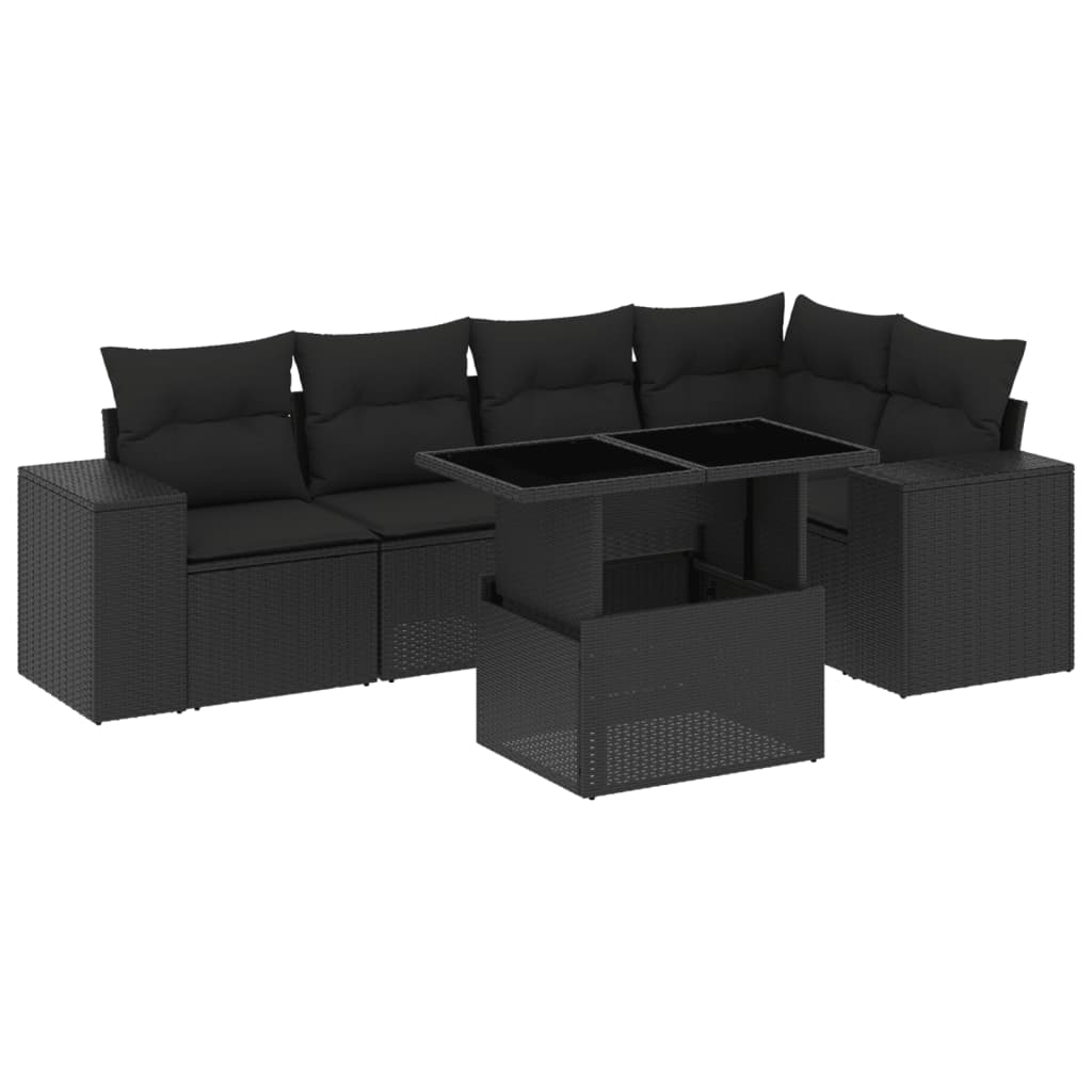 6-delige Loungeset met kussens poly rattan zwart