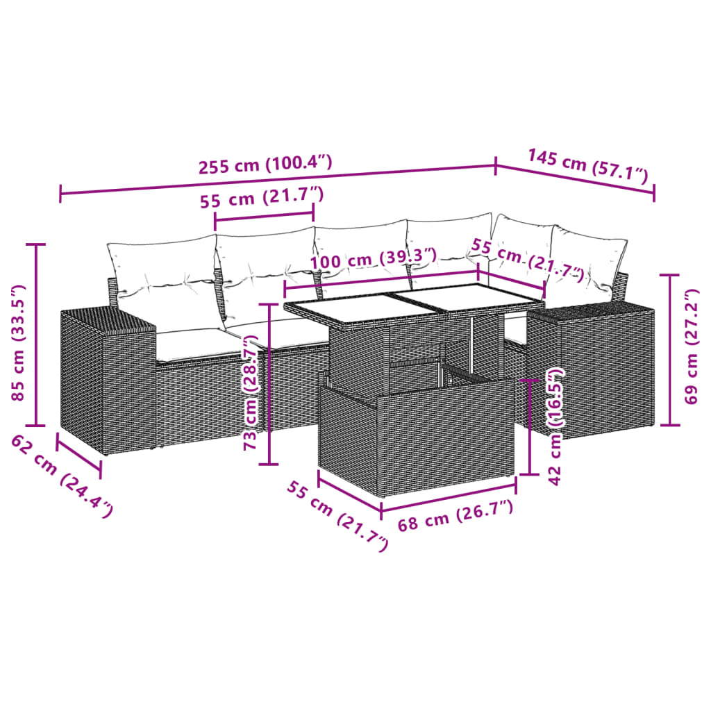 6-delige Loungeset met kussens poly rattan zwart