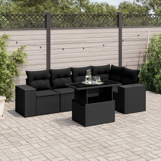 6-delige Loungeset met kussens poly rattan zwart