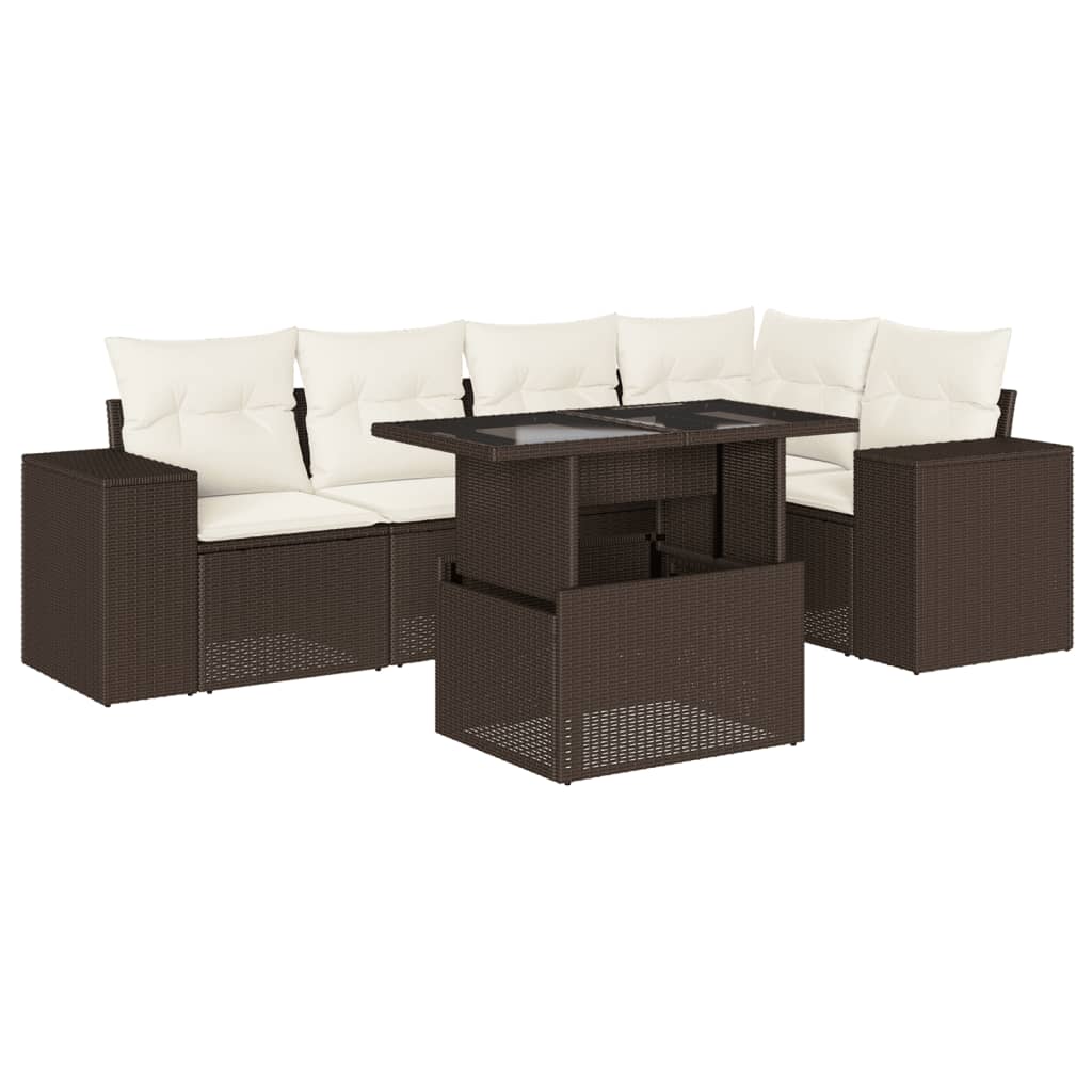 6-delige Loungeset met kussens poly rattan bruin