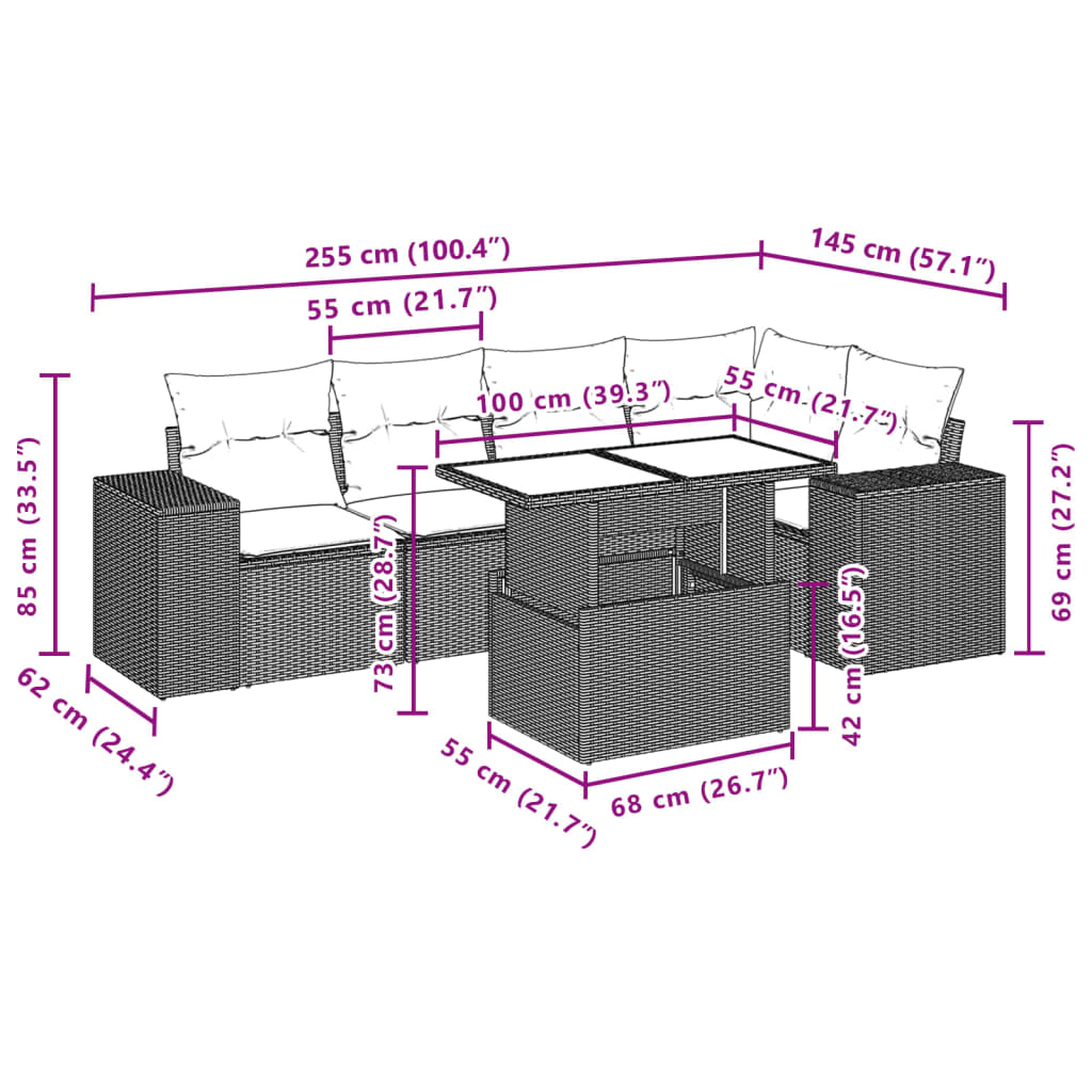 6-delige Loungeset met kussens poly rattan bruin