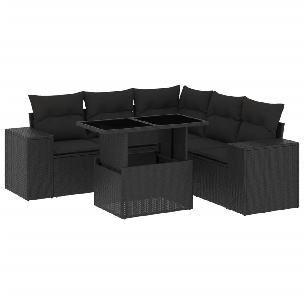 6-delige Loungeset met kussens poly rattan zwart