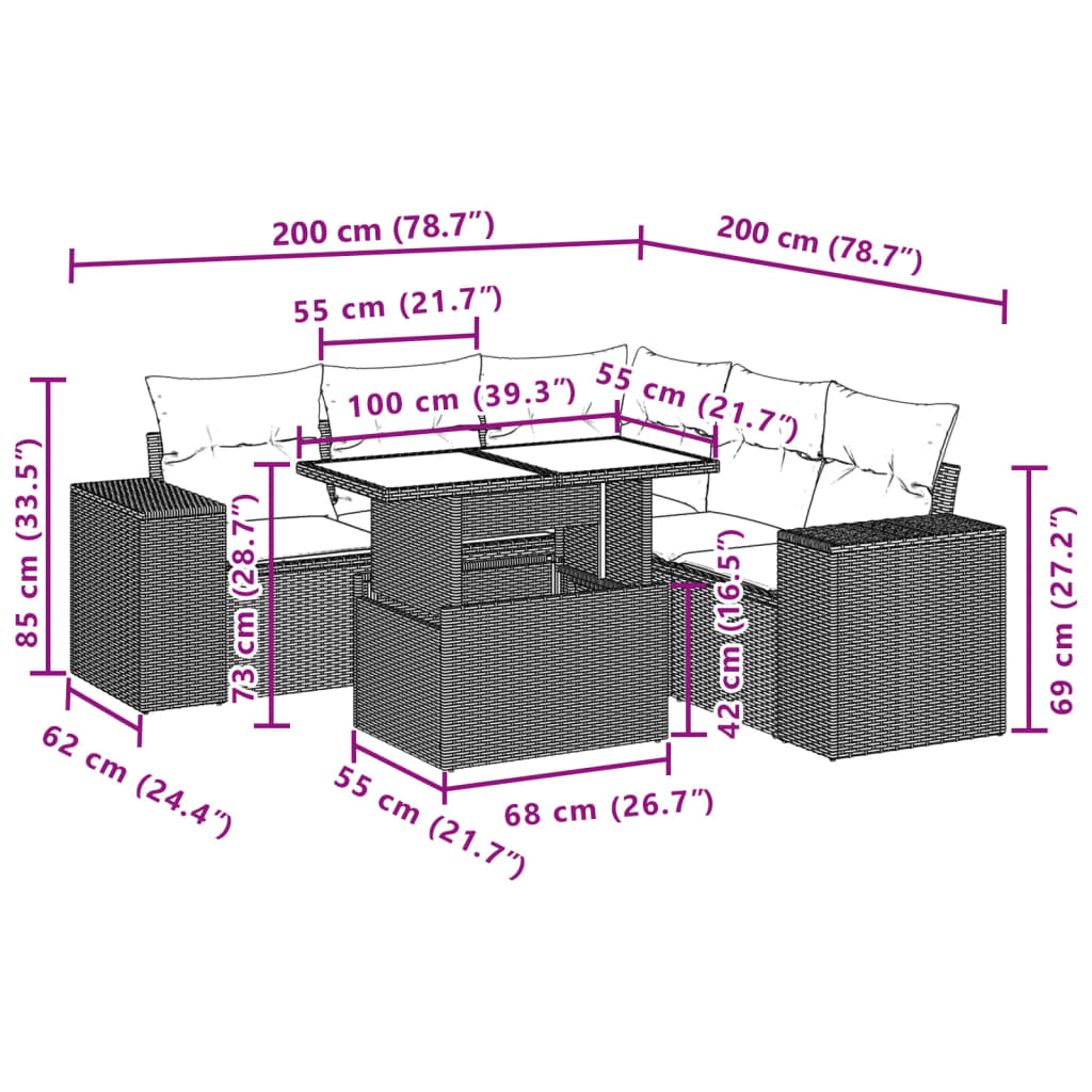 6-delige Loungeset met kussens poly rattan zwart