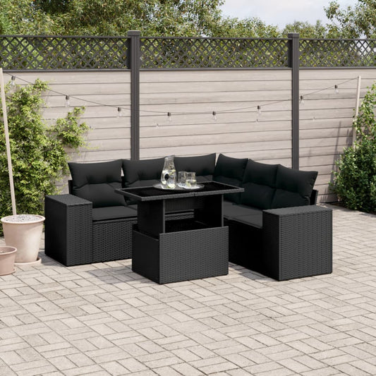 6-delige Loungeset met kussens poly rattan zwart