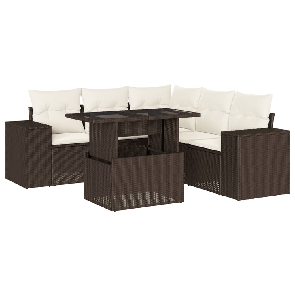 6-delige Loungeset met kussens poly rattan bruin