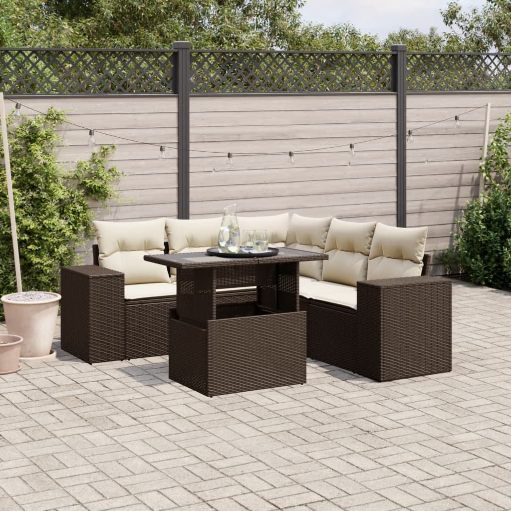 6-delige Loungeset met kussens poly rattan bruin