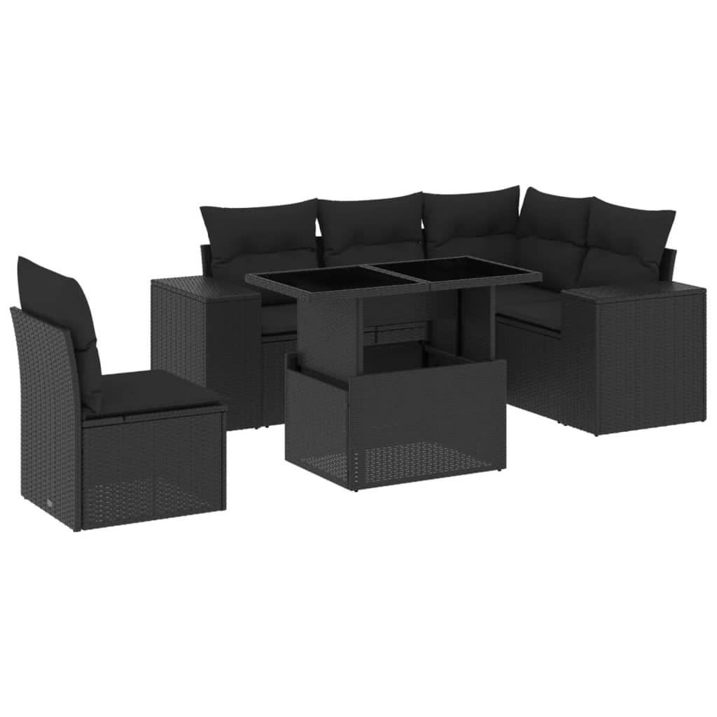 6-delige Loungeset met kussens poly rattan zwart