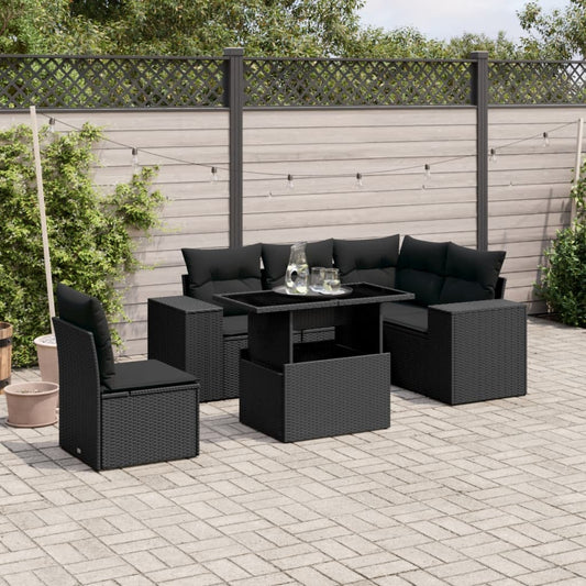 6-delige Loungeset met kussens poly rattan zwart