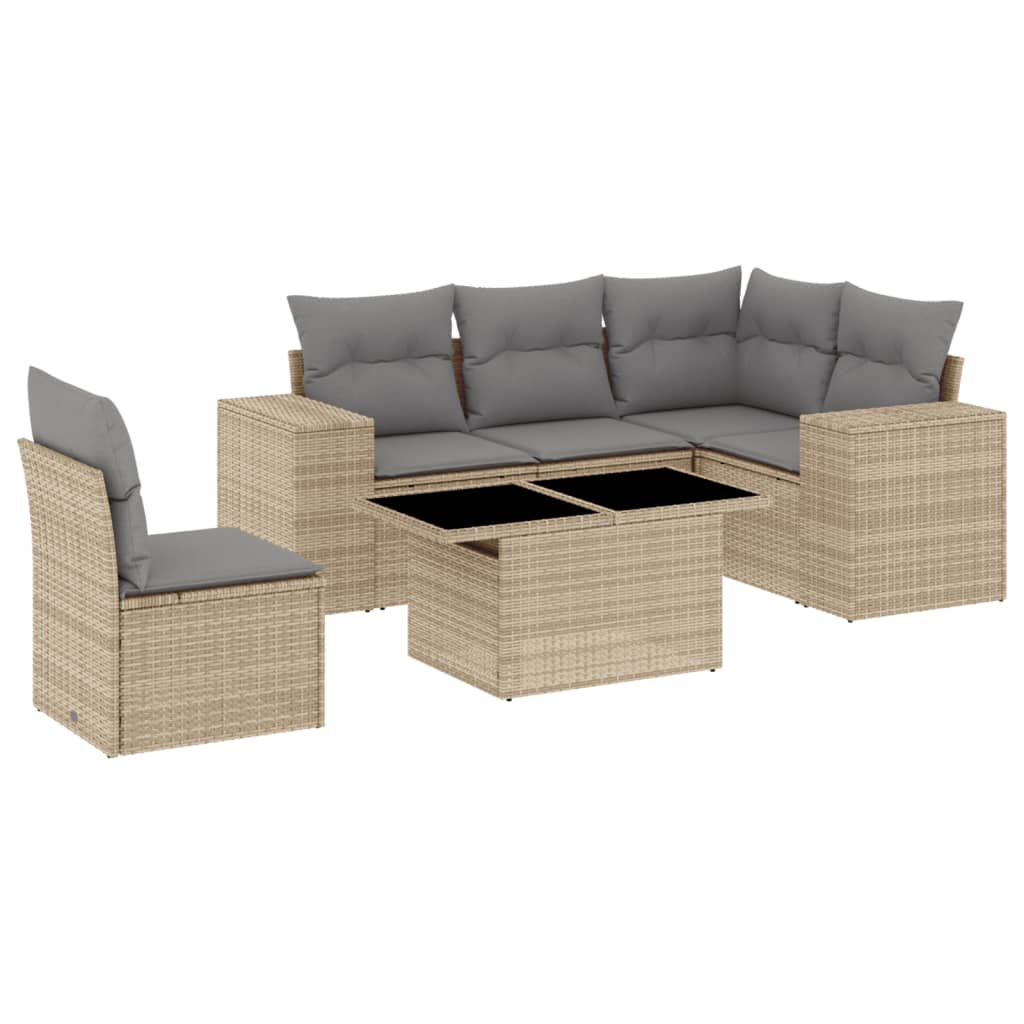 6-delige Loungeset met kussens poly rattan beige