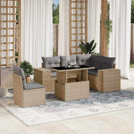 6-delige Loungeset met kussens poly rattan beige