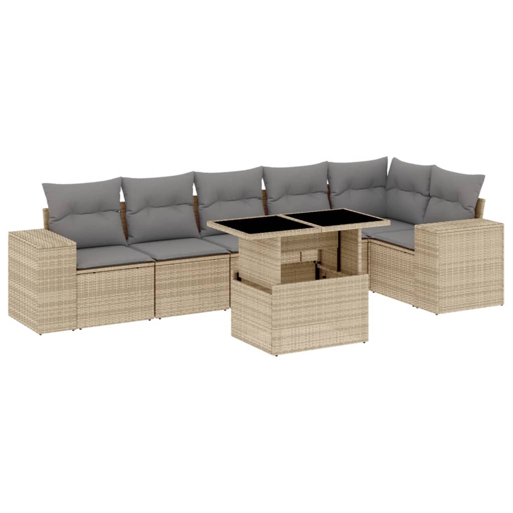 7-delige Loungeset met kussens poly rattan beige