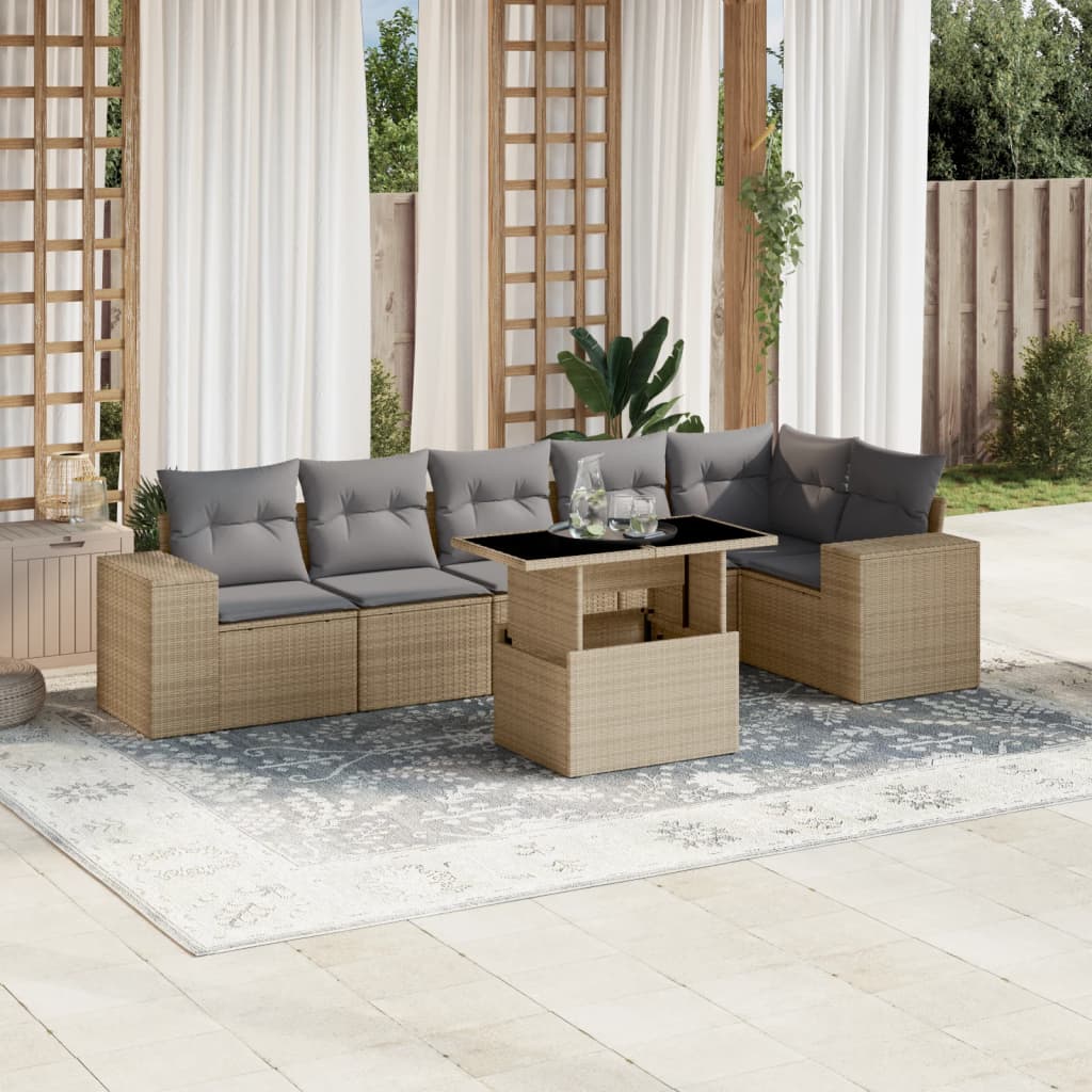 7-delige Loungeset met kussens poly rattan beige