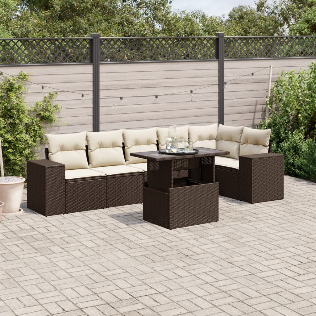 7-delige Loungeset met kussens poly rattan bruin