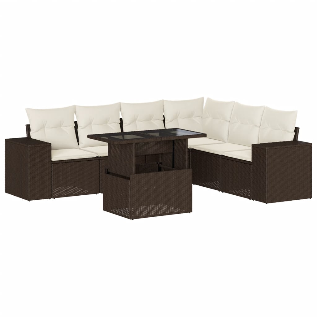 7-delige Loungeset met kussens poly rattan bruin