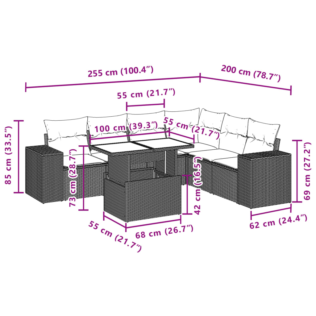 7-delige Loungeset met kussens poly rattan bruin