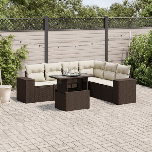 7-delige Loungeset met kussens poly rattan bruin