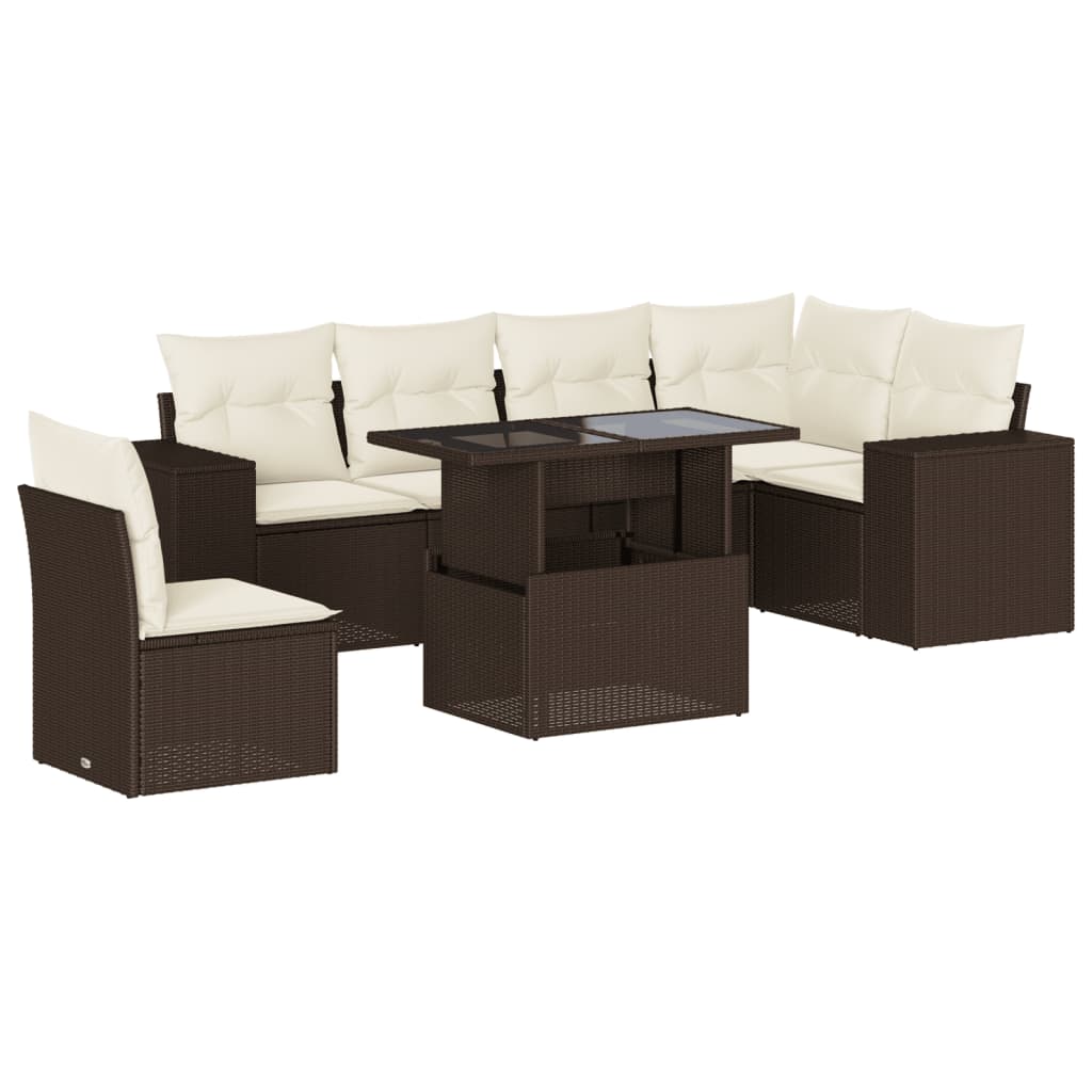 7-delige Loungeset met kussens poly rattan bruin